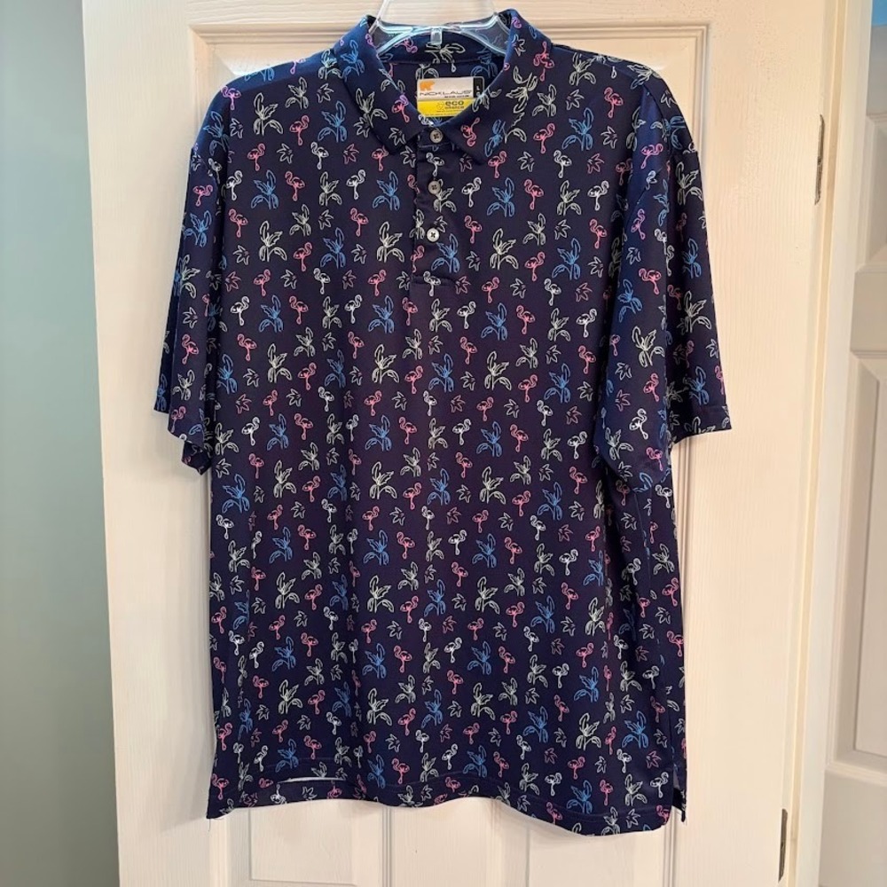 Nicklaus Polo Shirt Mens Lg L Navy Polyester Flamingo Palm Golf Tropical Sport
